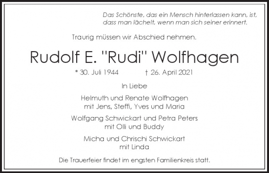 Traueranzeige von Rudolf E. Rudi  Wolfhagen  von Hamburger Tageszeitungen und Anzeigenblättern der FUNKE Mediengruppe