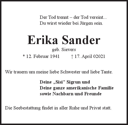 Traueranzeige von Erika  Sander  von Hamburger Tageszeitungen und Anzeigenblättern der FUNKE Mediengruppe