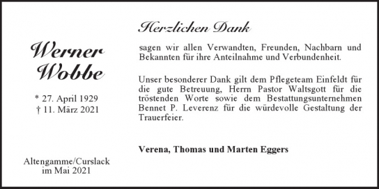 Traueranzeige von Werner Wobbe von Hamburger Tageszeitungen und Anzeigenblättern der FUNKE Mediengruppe