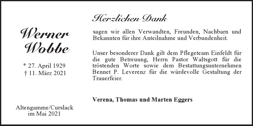  Traueranzeige für Werner Wobbe vom 08.05.2021 aus Hamburger Tageszeitungen und Anzeigenblättern der FUNKE Mediengruppe