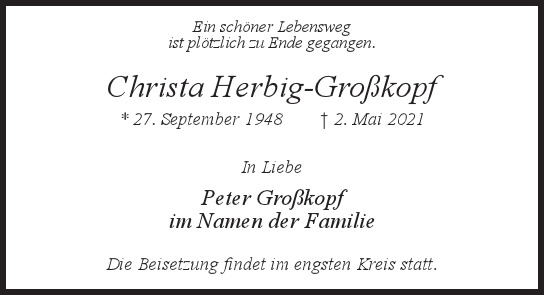 Traueranzeige von Christa  Herbig-Großkopf  von Hamburger Tageszeitungen und Anzeigenblättern der FUNKE Mediengruppe