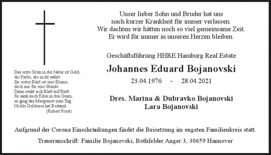 Traueranzeige von Johannes Eduard  Bojanovski  von Hamburger Tageszeitungen und Anzeigenblättern der FUNKE Mediengruppe