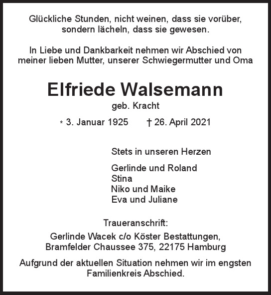 Traueranzeige von Elfriede  Walsemann  von Hamburger Tageszeitungen und Anzeigenblättern der FUNKE Mediengruppe