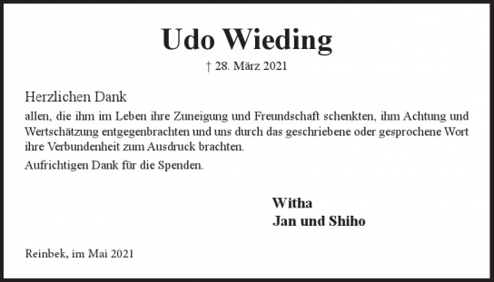 Traueranzeige von Udo Wieding  von Hamburger Tageszeitungen und Anzeigenblättern der FUNKE Mediengruppe