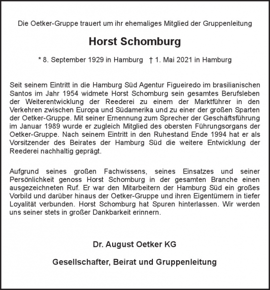 Traueranzeige von Horst  Schomburg  von Hamburger Tageszeitungen und Anzeigenblättern der FUNKE Mediengruppe