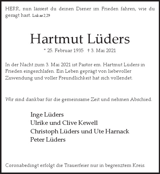 Traueranzeige von Hartmut Lüders  von Hamburger Tageszeitungen und Anzeigenblättern der FUNKE Mediengruppe