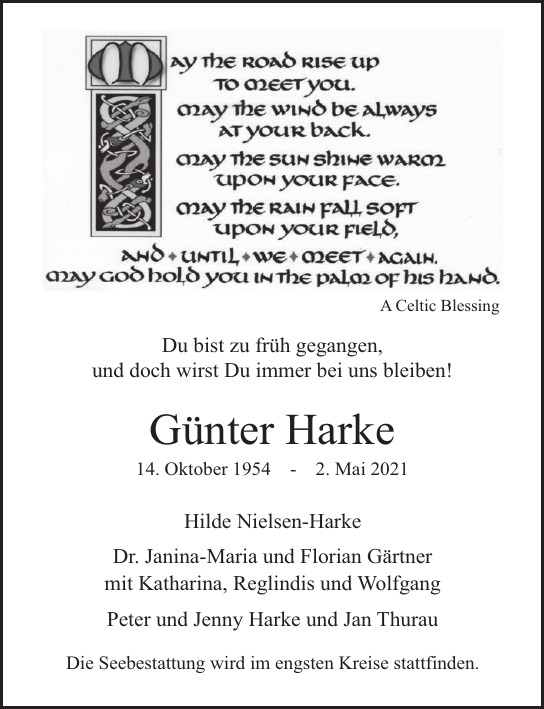 Traueranzeige von Günter  Harke  von Hamburger Tageszeitungen und Anzeigenblättern der FUNKE Mediengruppe