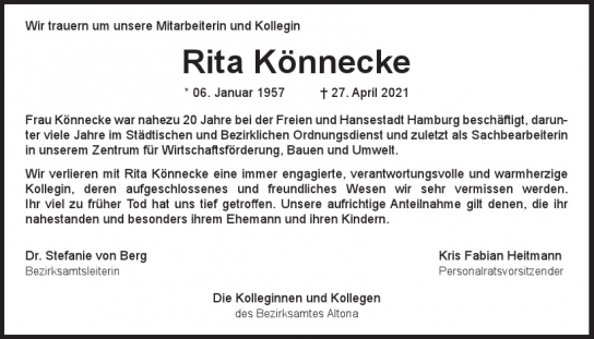 Traueranzeige von Rita Könnecke  von Hamburger Tageszeitungen und Anzeigenblättern der FUNKE Mediengruppe
