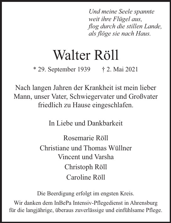 Traueranzeige von Walter  Röll  von Hamburger Tageszeitungen und Anzeigenblättern der FUNKE Mediengruppe