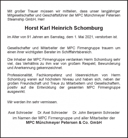 Traueranzeige von Horst Karl Heinrich Schomburg  von Hamburger Tageszeitungen und Anzeigenblättern der FUNKE Mediengruppe