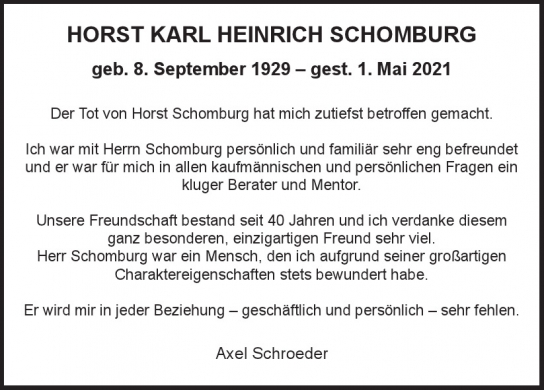 Traueranzeige von HORST KARL HEINRICH SCHOMBURG  von Hamburger Tageszeitungen und Anzeigenblättern der FUNKE Mediengruppe