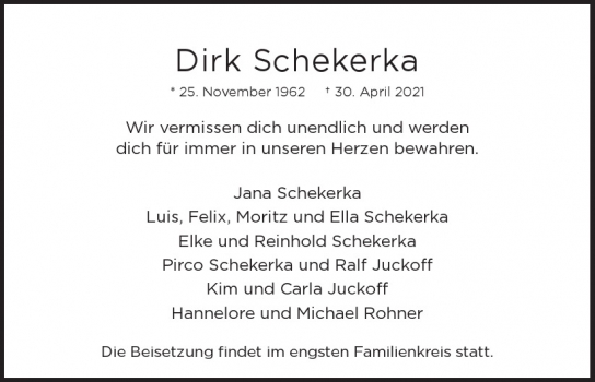 Traueranzeige von Dirk Schekerka  von Hamburger Tageszeitungen und Anzeigenblättern der FUNKE Mediengruppe