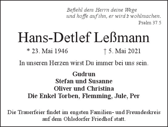 Traueranzeige von  	 Hans-Detlef  Leßmann  von Hamburger Tageszeitungen und Anzeigenblättern der FUNKE Mediengruppe