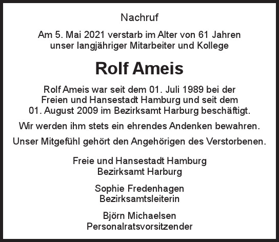 Traueranzeige von Rolf  Ameis  von Hamburger Tageszeitungen und Anzeigenblättern der FUNKE Mediengruppe