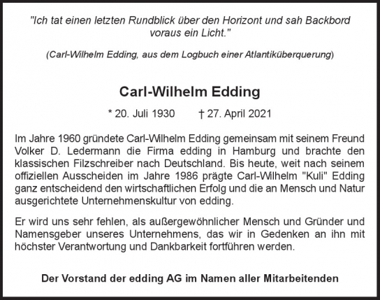 Traueranzeige von Carl-Wilhelm Edding  von Hamburger Tageszeitungen und Anzeigenblättern der FUNKE Mediengruppe