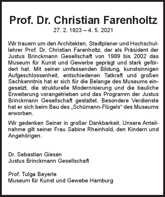 Traueranzeige von Christian  Farenholtz  von Hamburger Tageszeitungen und Anzeigenblättern der FUNKE Mediengruppe