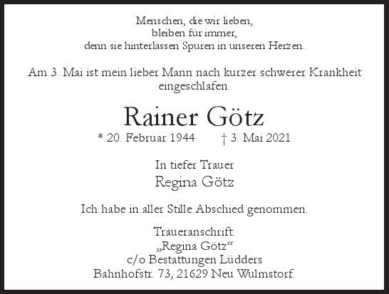 Traueranzeige von Rainer  Götz von Hamburger Tageszeitungen und Anzeigenblättern der FUNKE Mediengruppe