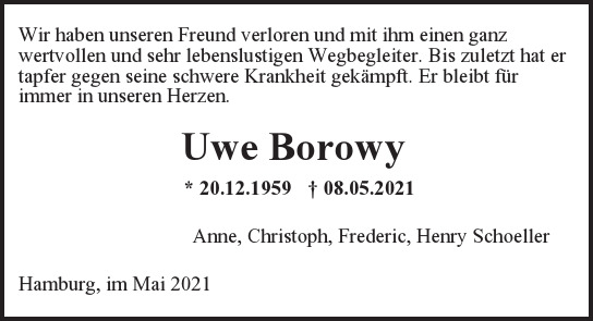 Traueranzeige von Uwe  Borowy  von Hamburger Tageszeitungen und Anzeigenblättern der FUNKE Mediengruppe