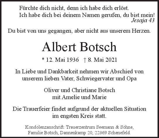 Traueranzeige von Albert  Botsch  von Hamburger Tageszeitungen und Anzeigenblättern der FUNKE Mediengruppe