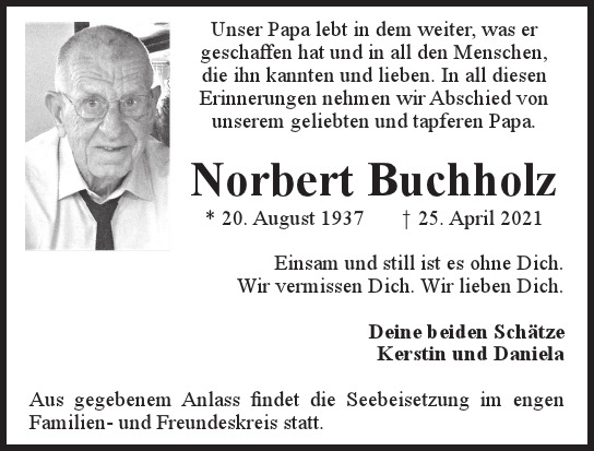 Traueranzeige von Norbert Buchholz  von Hamburger Tageszeitungen und Anzeigenblättern der FUNKE Mediengruppe