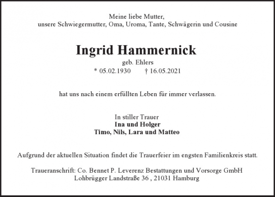 Traueranzeige von Ingrid Hammernick  von Hamburger Tageszeitungen und Anzeigenblättern der FUNKE Mediengruppe