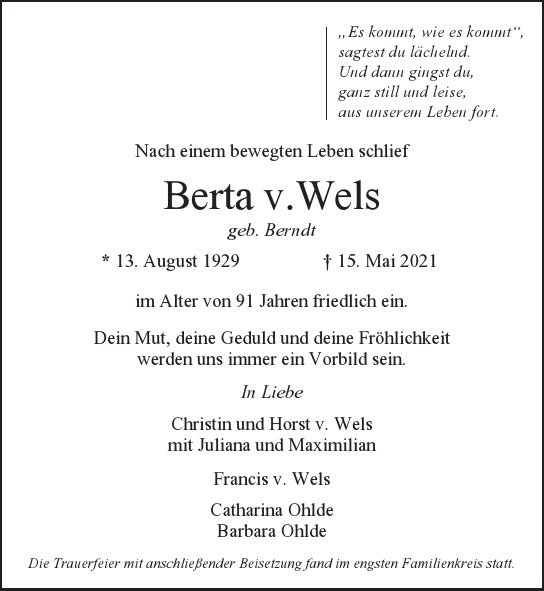 Traueranzeige von Berta v.Wels  von Hamburger Tageszeitungen und Anzeigenblättern der FUNKE Mediengruppe