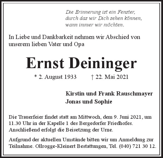 Traueranzeige von Ernst Deininger  von Hamburger Tageszeitungen und Anzeigenblättern der FUNKE Mediengruppe