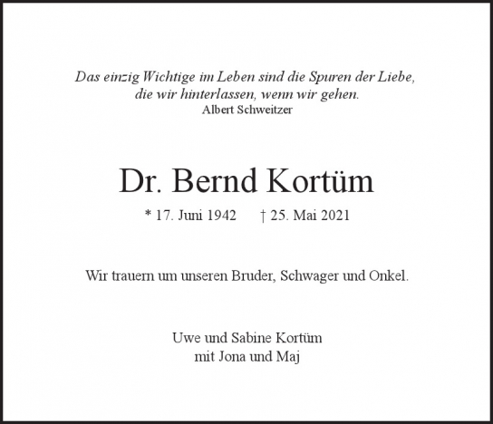 Traueranzeige von Bernd Kortüm  von Hamburger Tageszeitungen und Anzeigenblättern der FUNKE Mediengruppe