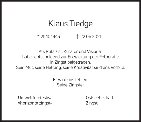 Traueranzeige von Klaus Tiedge von Hamburger Tageszeitungen und Anzeigenblättern der FUNKE Mediengruppe