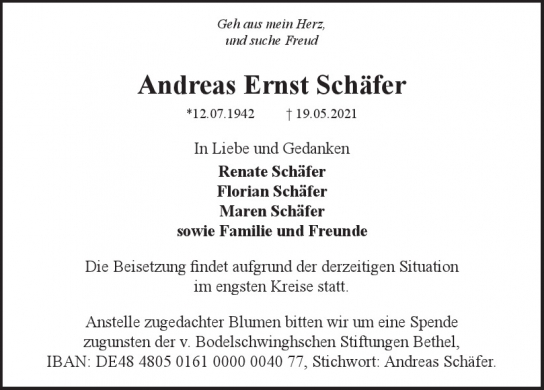 Traueranzeige von Andreas Ernst Schäfer von Hamburger Tageszeitungen und Anzeigenblättern der FUNKE Mediengruppe