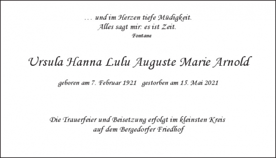 Traueranzeige von Ursula Hanna Lulu Auguste Marie Arnold von Hamburger Tageszeitungen und Anzeigenblättern der FUNKE Mediengruppe