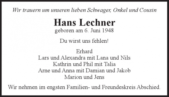 Traueranzeige von Hans Lechner von Hamburger Tageszeitungen und Anzeigenblättern der FUNKE Mediengruppe