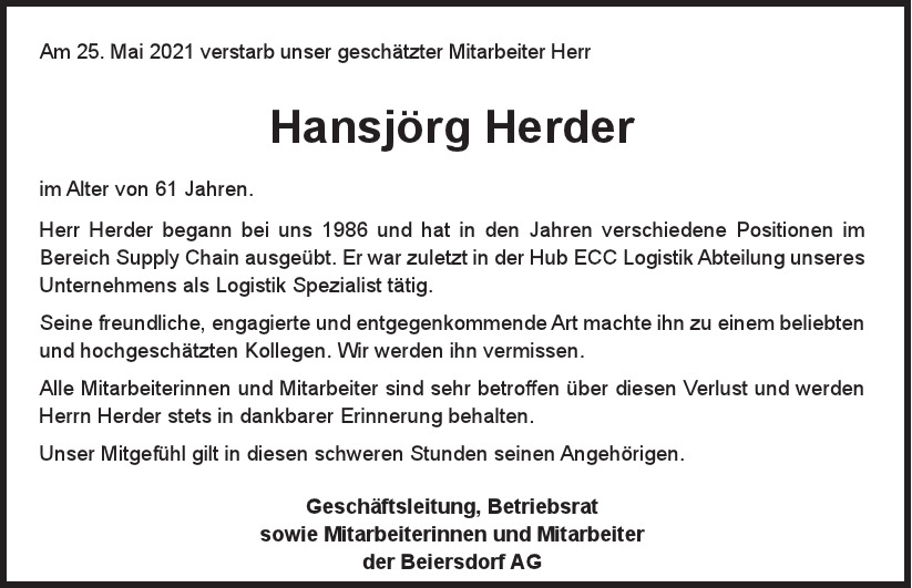  Traueranzeige für Hansjörg Herder vom 05.06.2021 aus Hamburger Tageszeitungen und Anzeigenblättern der FUNKE Mediengruppe