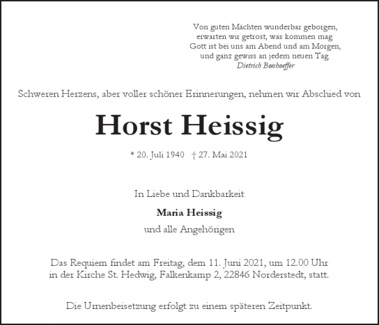 Traueranzeige von Horst Heissig von Hamburger Tageszeitungen und Anzeigenblättern der FUNKE Mediengruppe