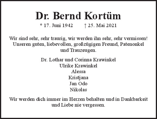 Traueranzeige von Bernd Kortüm von Hamburger Tageszeitungen und Anzeigenblättern der FUNKE Mediengruppe