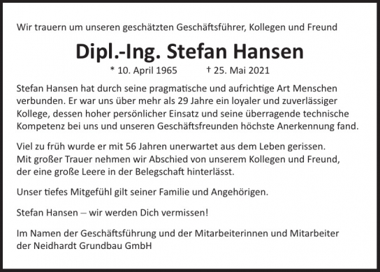 Traueranzeige von Stefan Hansen von Hamburger Tageszeitungen und Anzeigenblättern der FUNKE Mediengruppe