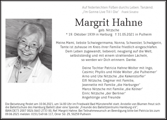 Traueranzeige von Margrit Hahne von Hamburger Tageszeitungen und Anzeigenblättern der FUNKE Mediengruppe