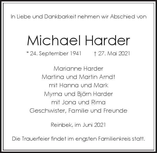 Traueranzeige von Michael Harder von Hamburger Tageszeitungen und Anzeigenblättern der FUNKE Mediengruppe
