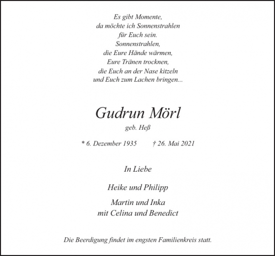 Traueranzeige von Gudrun Mörl von Hamburger Tageszeitungen und Anzeigenblättern der FUNKE Mediengruppe