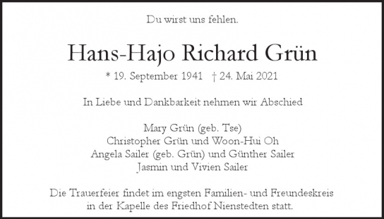 Traueranzeige von Hans-Hajo Richard Grün von Hamburger Tageszeitungen und Anzeigenblättern der FUNKE Mediengruppe