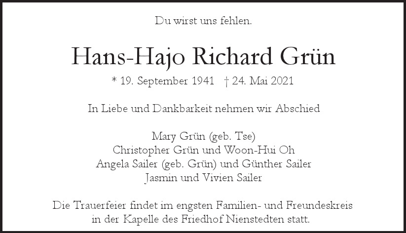 Traueranzeige für Hans-Hajo Richard Grün vom 05.06.2021 aus Hamburger Tageszeitungen und Anzeigenblättern der FUNKE Mediengruppe