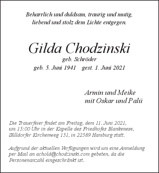 Traueranzeige von Gilda Chodzinski von Hamburger Tageszeitungen und Anzeigenblättern der FUNKE Mediengruppe