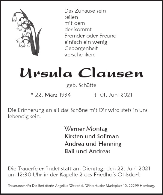 Traueranzeige von Ursula Clausen von Hamburger Tageszeitungen und Anzeigenblättern der FUNKE Mediengruppe