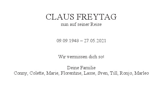 Traueranzeige von Claus Freytag von Hamburger Tageszeitungen und Anzeigenblättern der FUNKE Mediengruppe