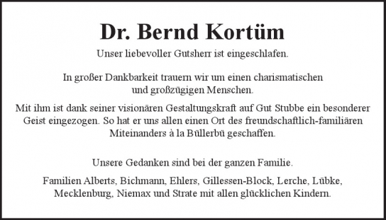 Traueranzeige von Bernd Kortüm von Hamburger Tageszeitungen und Anzeigenblättern der FUNKE Mediengruppe