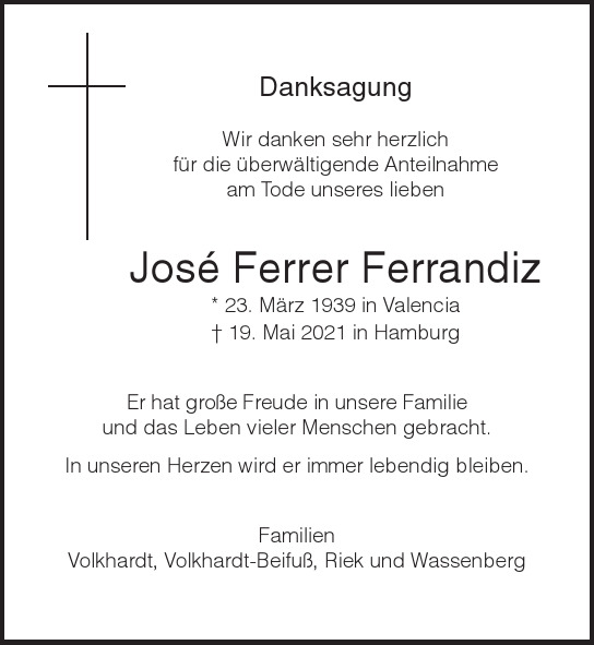 Traueranzeige von Jose Ferrer Ferrandiz von Hamburger Tageszeitungen und Anzeigenblättern der FUNKE Mediengruppe