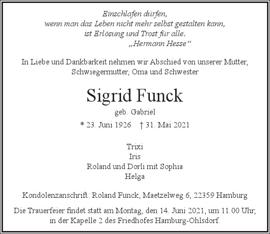 Traueranzeige von Sigrid  Funck  von Hamburger Tageszeitungen und Anzeigenblättern der FUNKE Mediengruppe