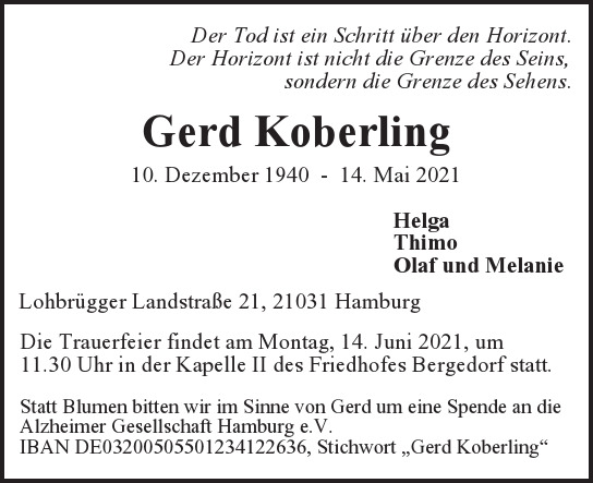 Traueranzeige von Gerd  Koberling  von Hamburger Tageszeitungen und Anzeigenblättern der FUNKE Mediengruppe