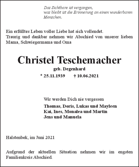 Traueranzeige von Christel Teschemacher  von Hamburger Tageszeitungen und Anzeigenblättern der FUNKE Mediengruppe