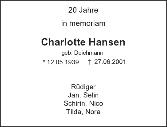 Traueranzeige von Charlotte Hansen von Hamburger Tageszeitungen und Anzeigenblättern der FUNKE Mediengruppe